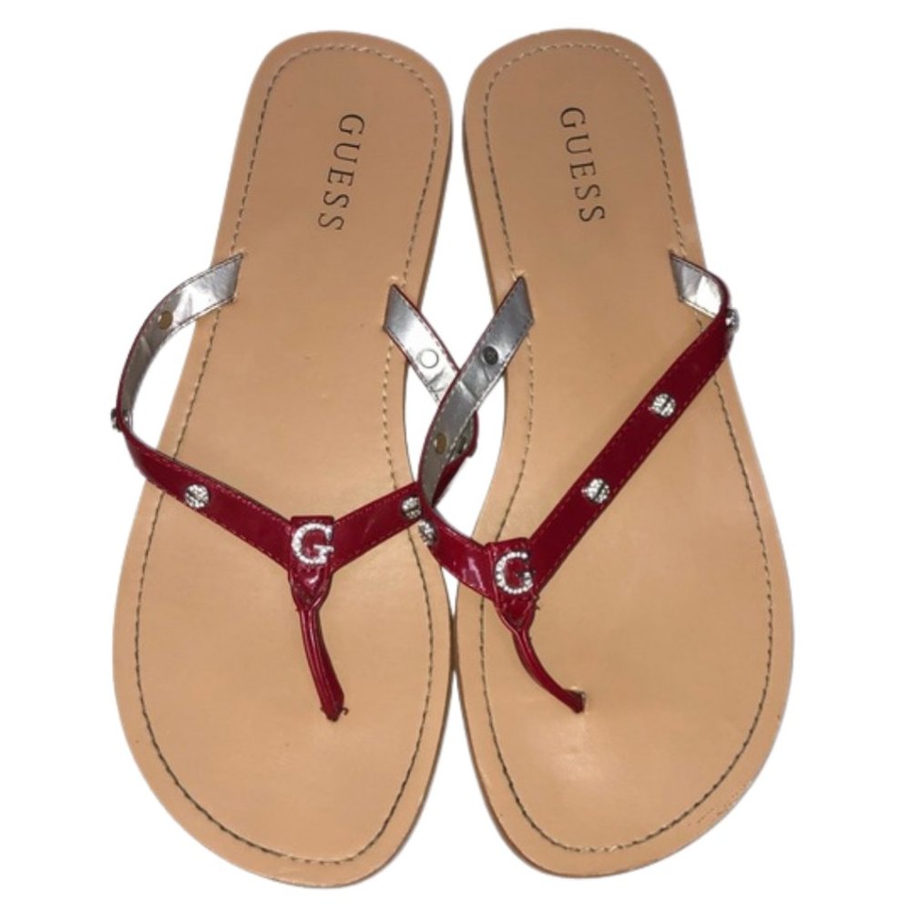 Guess Dainty Red and Rhinestone Logo Flip Flops